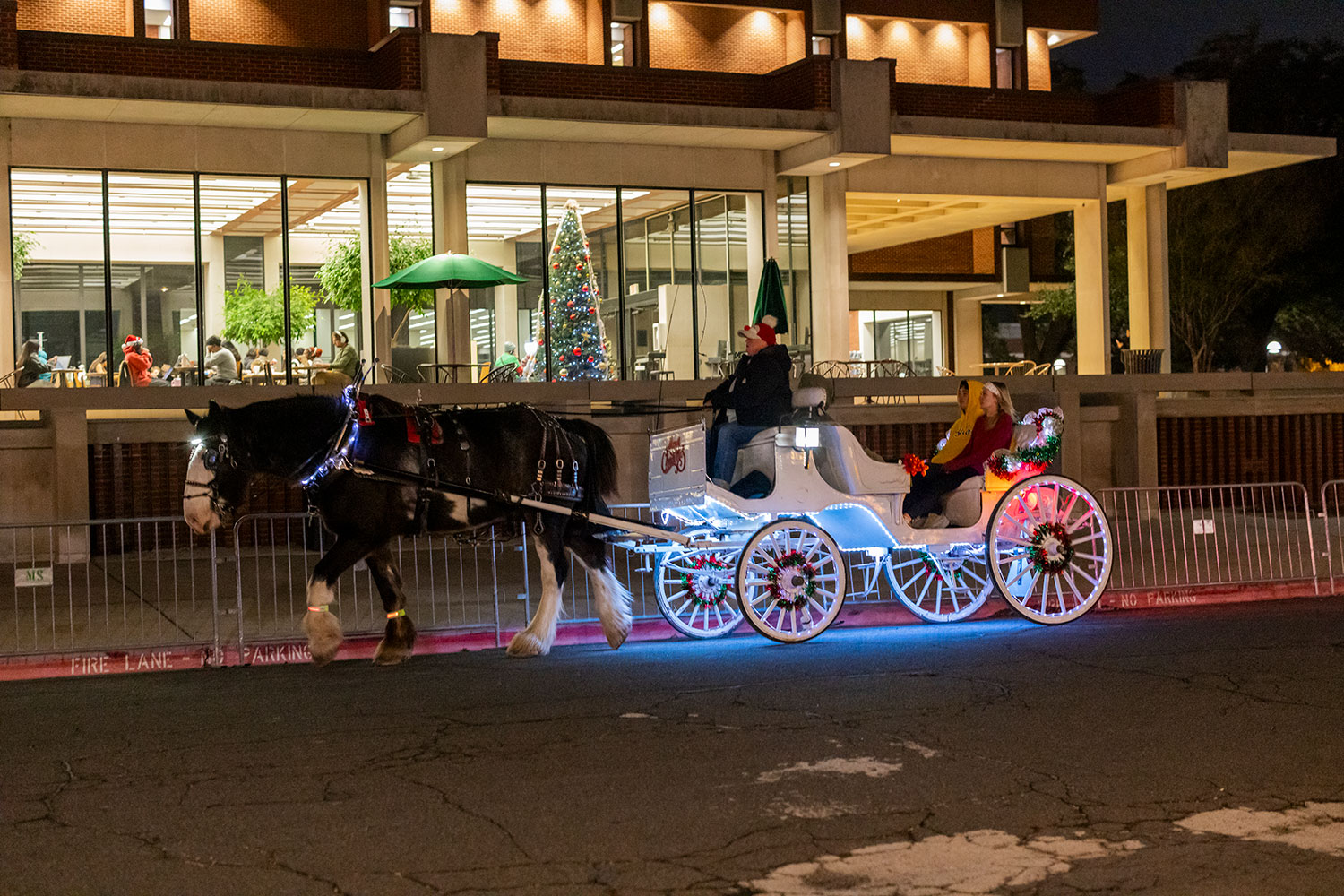 People in a lighted carriage ride